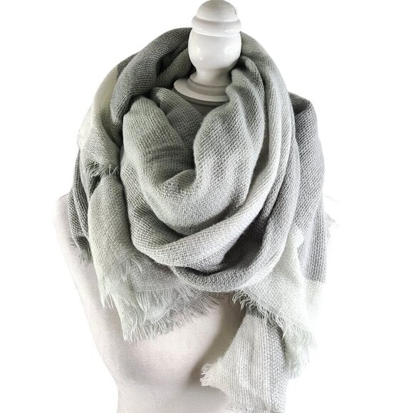 Chunky Gray White Plaid Fringe Colorblock Super Soft Shawl Throw Blanket Scarf - Picture 1 of 4